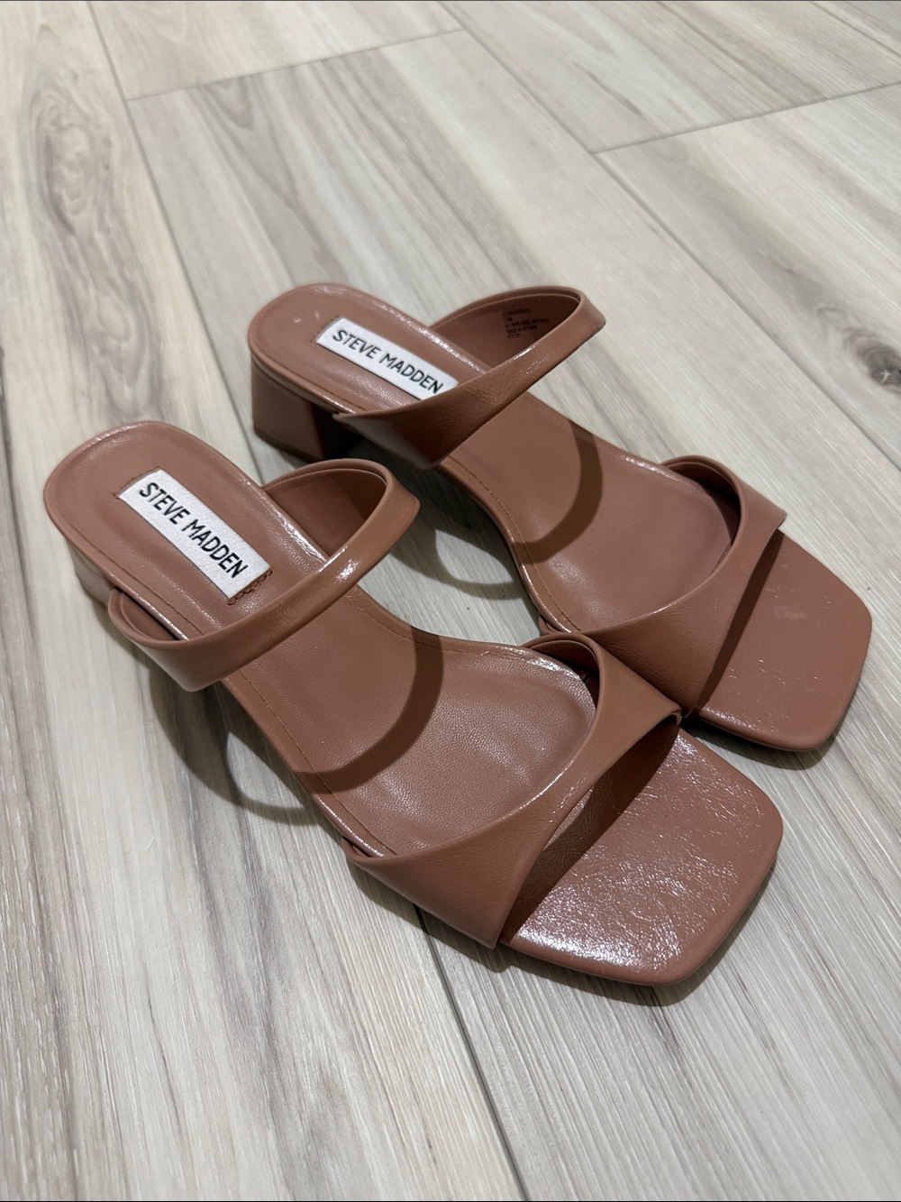 Steve Madden Brown Tan Square-Toe Dual-Strap Block Heels